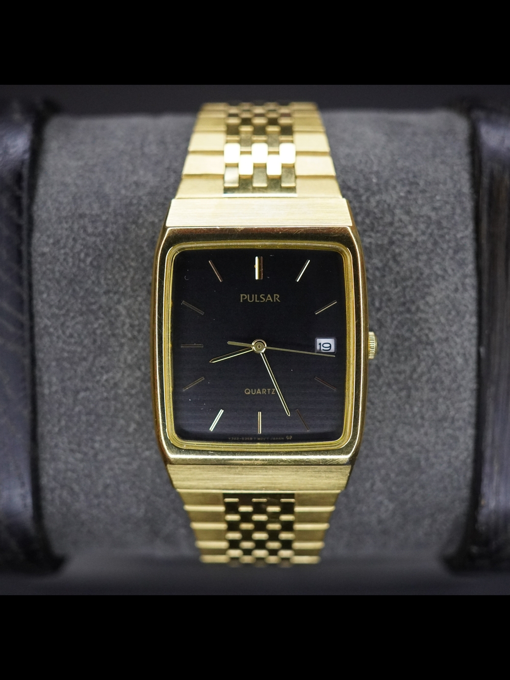 Pulsar Quartz Men's Rectangular Watch Black Dial Date Gold Tone SS Bracelet